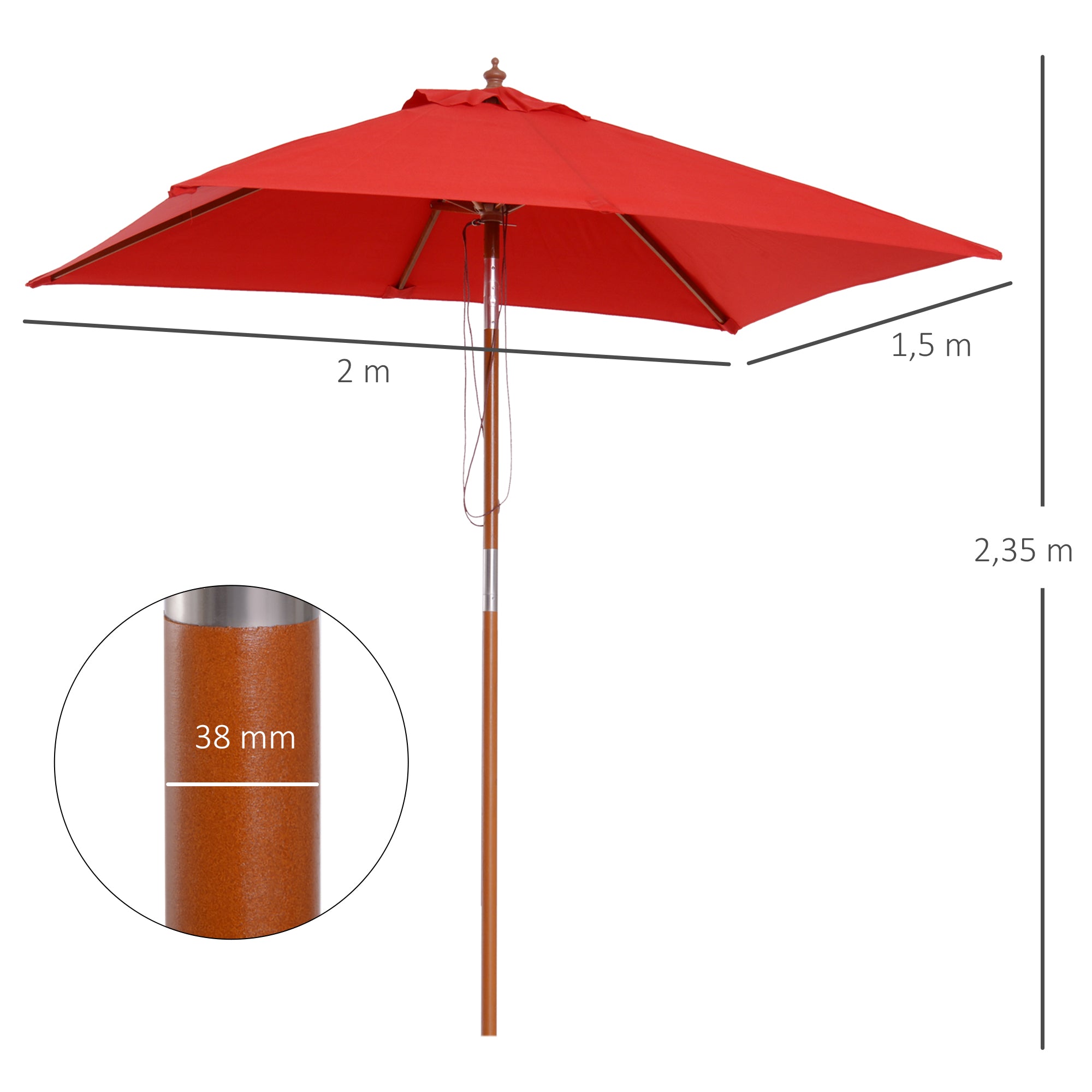 Outdoor Garden Parasol Rectangular Tilting Bamboo High Density Polyester 2L x 1.5W x 2.3H m Red