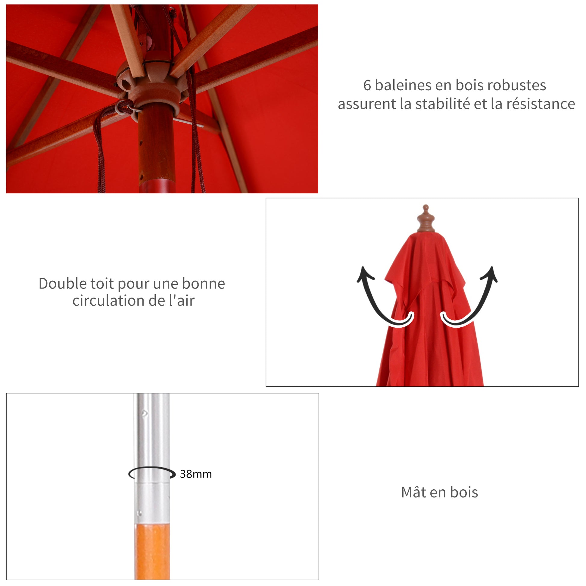 Outdoor Garden Parasol Rectangular Tilting Bamboo High Density Polyester 2L x 1.5W x 2.3H m Red