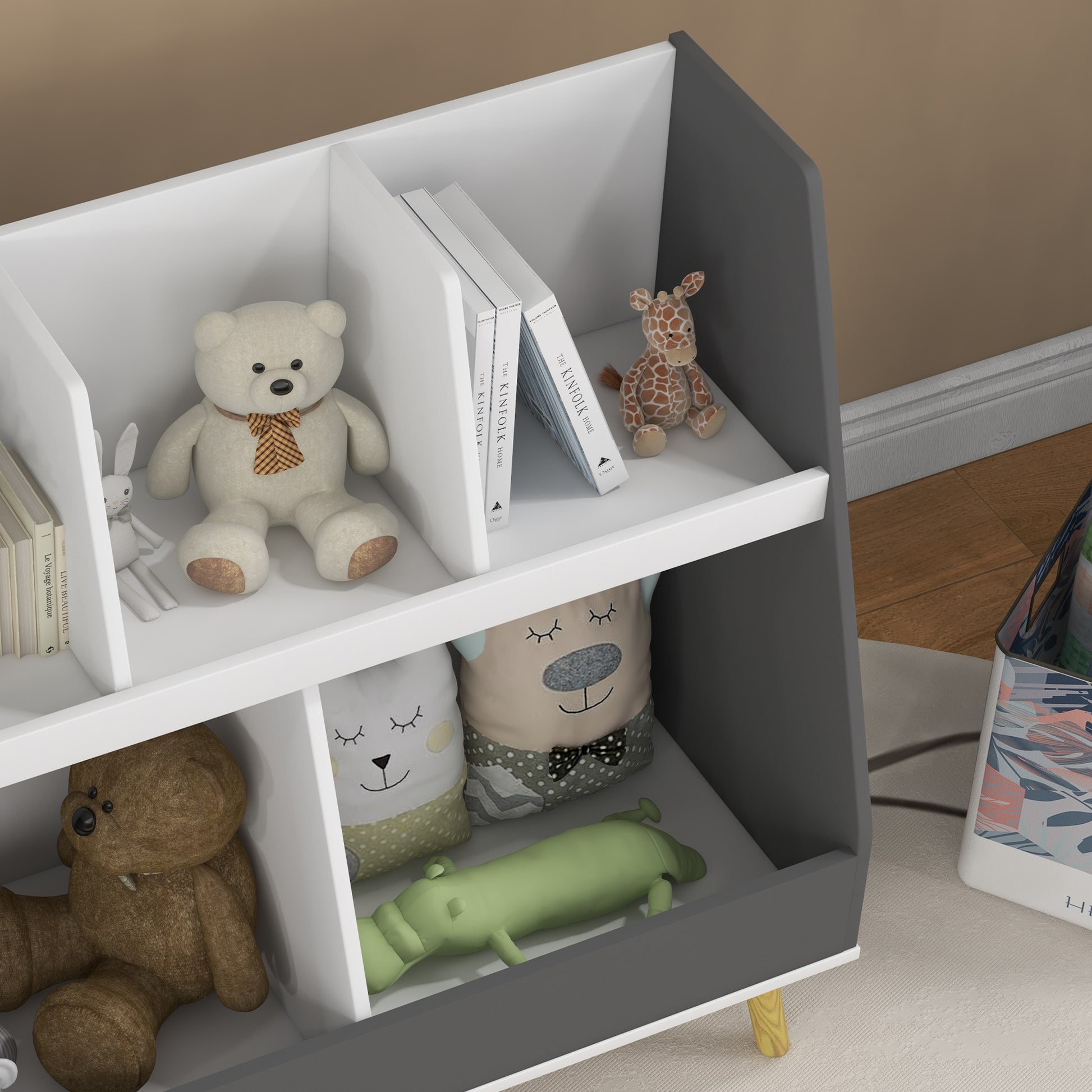2-Tier Children's Bookcase, Toy Storage Trolley with 5 Compartments and Anti-Tipping Device, 80x34x72.5cm, Grey