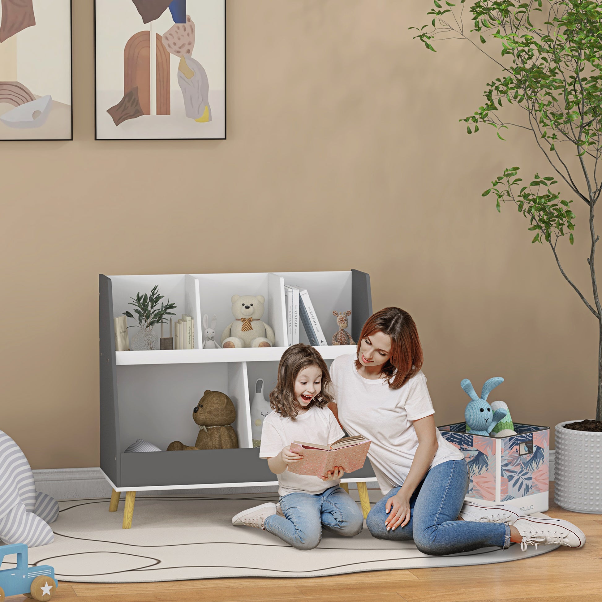 2-Tier Children's Bookcase, Toy Storage Trolley with 5 Compartments and Anti-Tipping Device, 80x34x72.5cm, Grey
