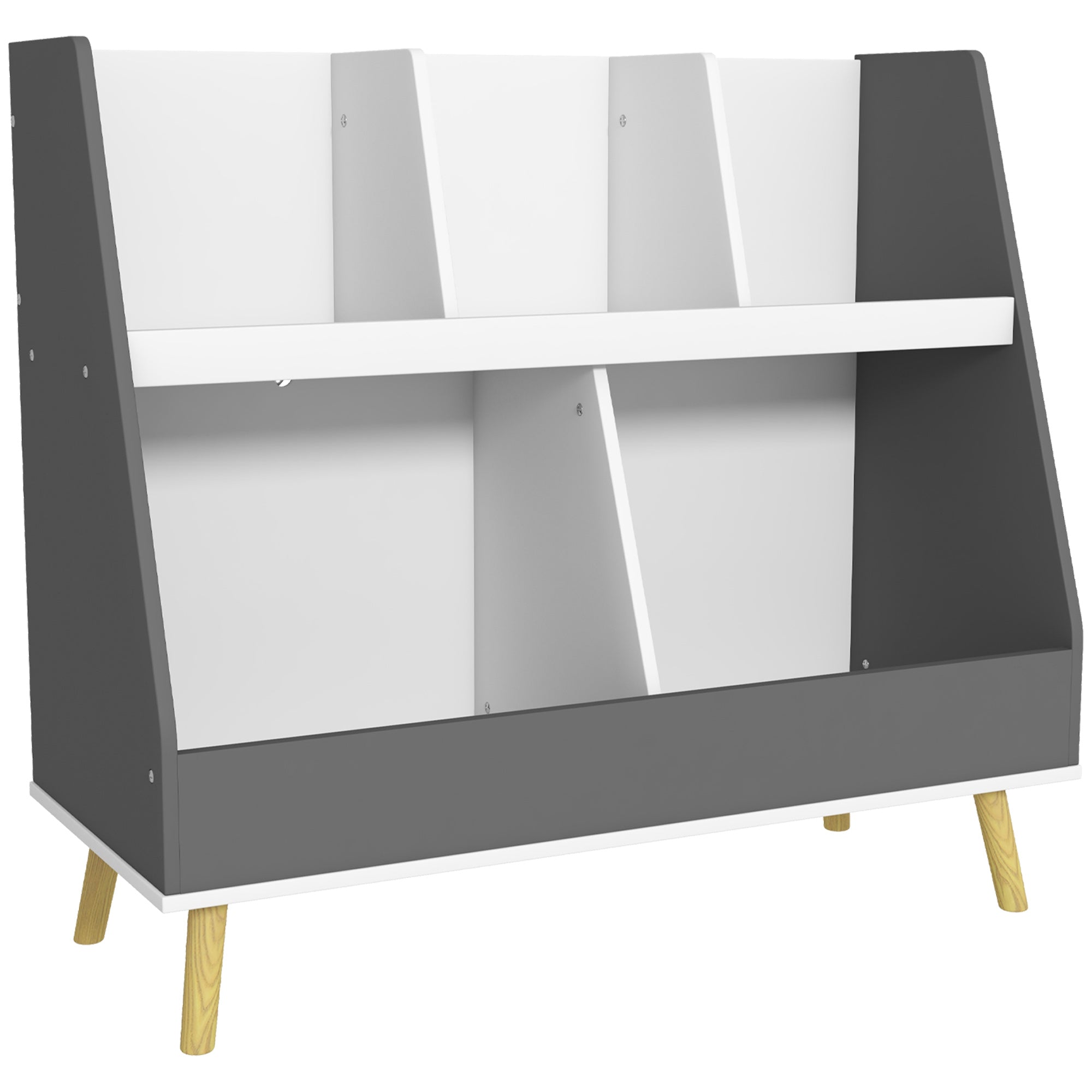 2-Tier Children's Bookcase, Toy Storage Trolley with 5 Compartments and Anti-Tipping Device, 80x34x72.5cm, Grey