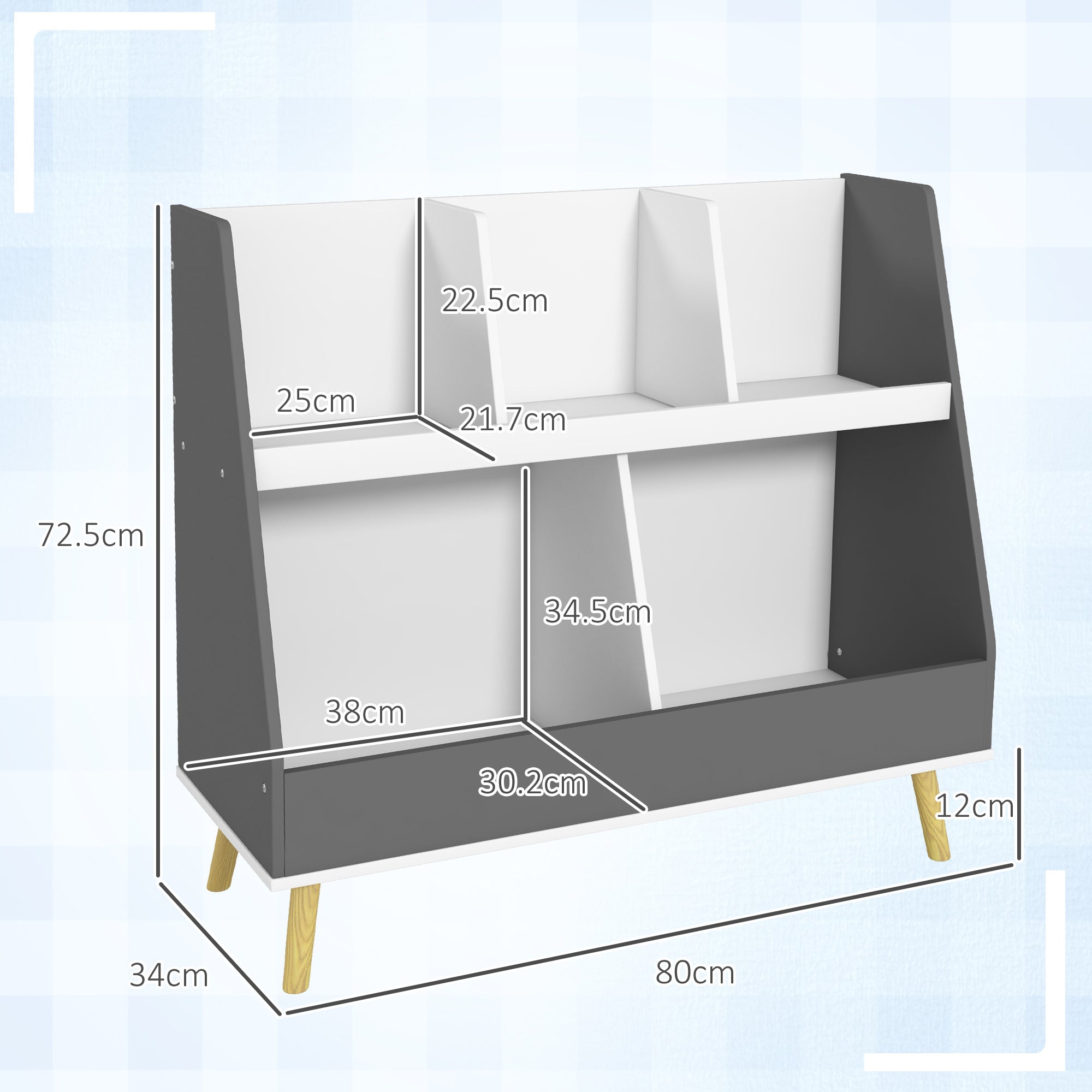 2-Tier Children's Bookcase, Toy Storage Trolley with 5 Compartments and Anti-Tipping Device, 80x34x72.5cm, Grey