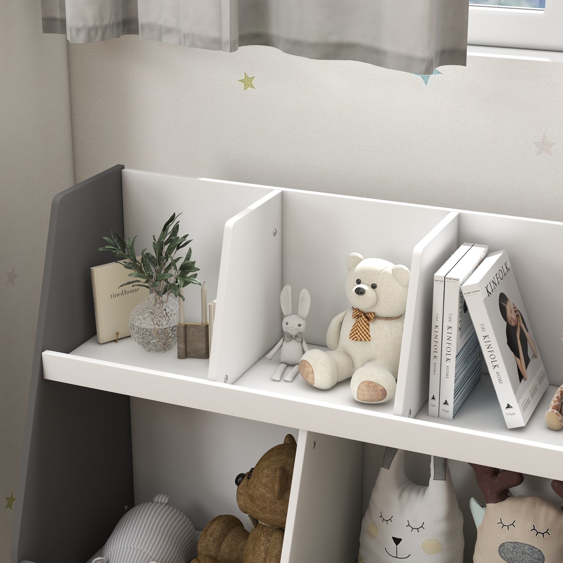 2-Tier Children's Bookcase, Toy Storage Trolley with 5 Compartments and Anti-Tipping Device, 80x34x72.5cm, Grey