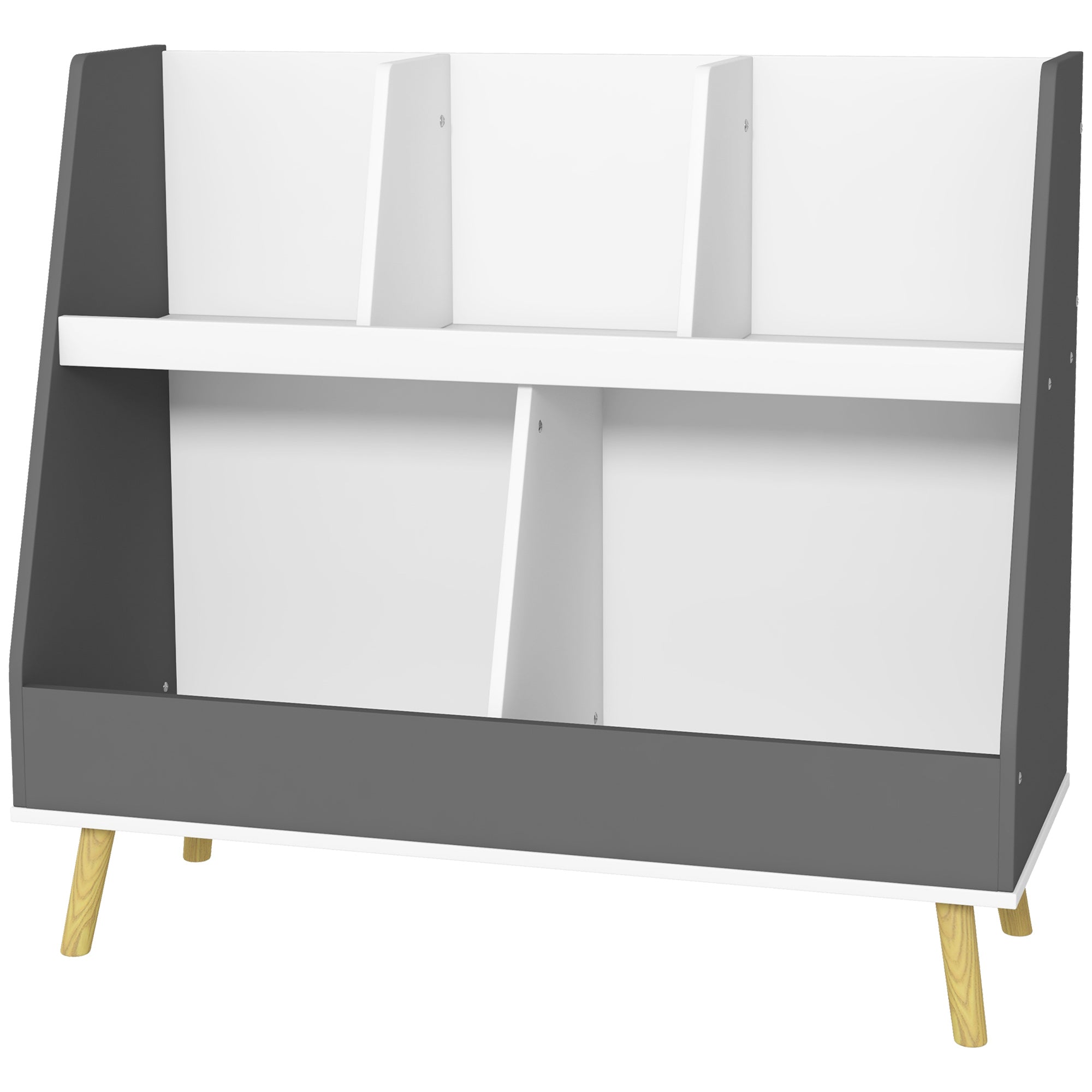 2-Tier Children's Bookcase, Toy Storage Trolley with 5 Compartments and Anti-Tipping Device, 80x34x72.5cm, Grey