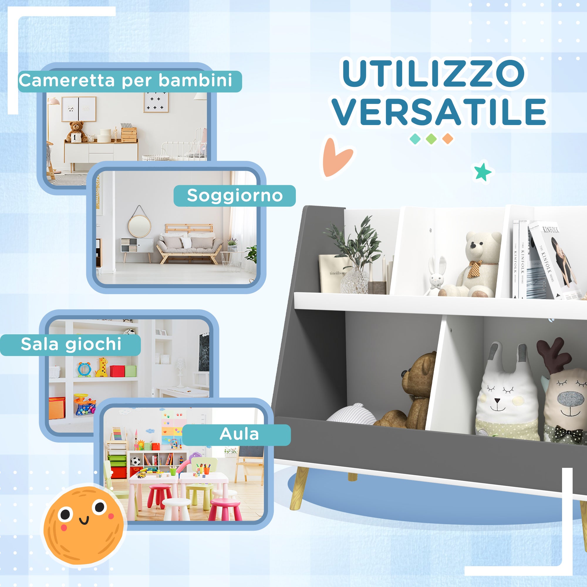 2-Tier Children's Bookcase, Toy Storage Trolley with 5 Compartments and Anti-Tipping Device, 80x34x72.5cm, Grey