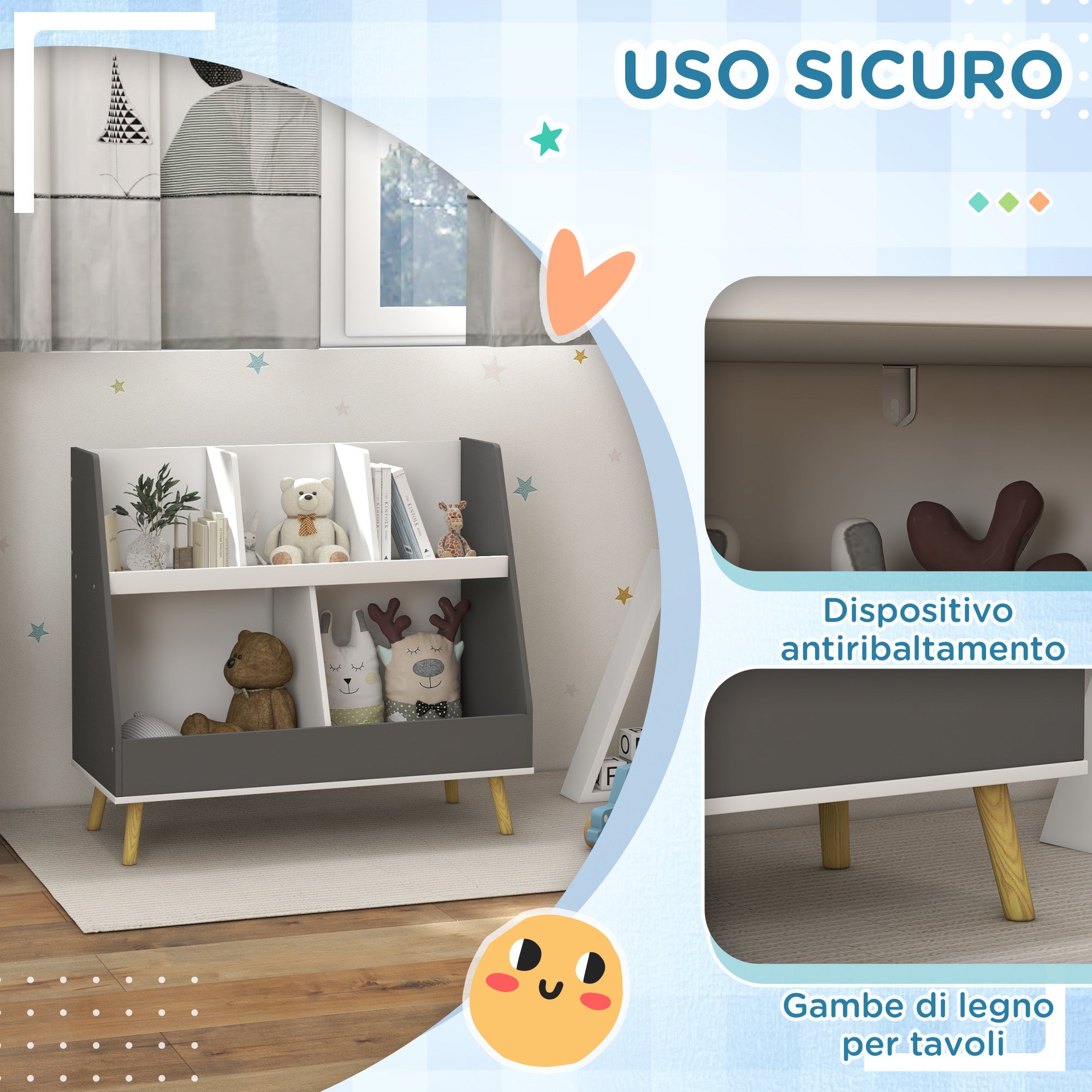 2-Tier Children's Bookcase, Toy Storage Trolley with 5 Compartments and Anti-Tipping Device, 80x34x72.5cm, Grey