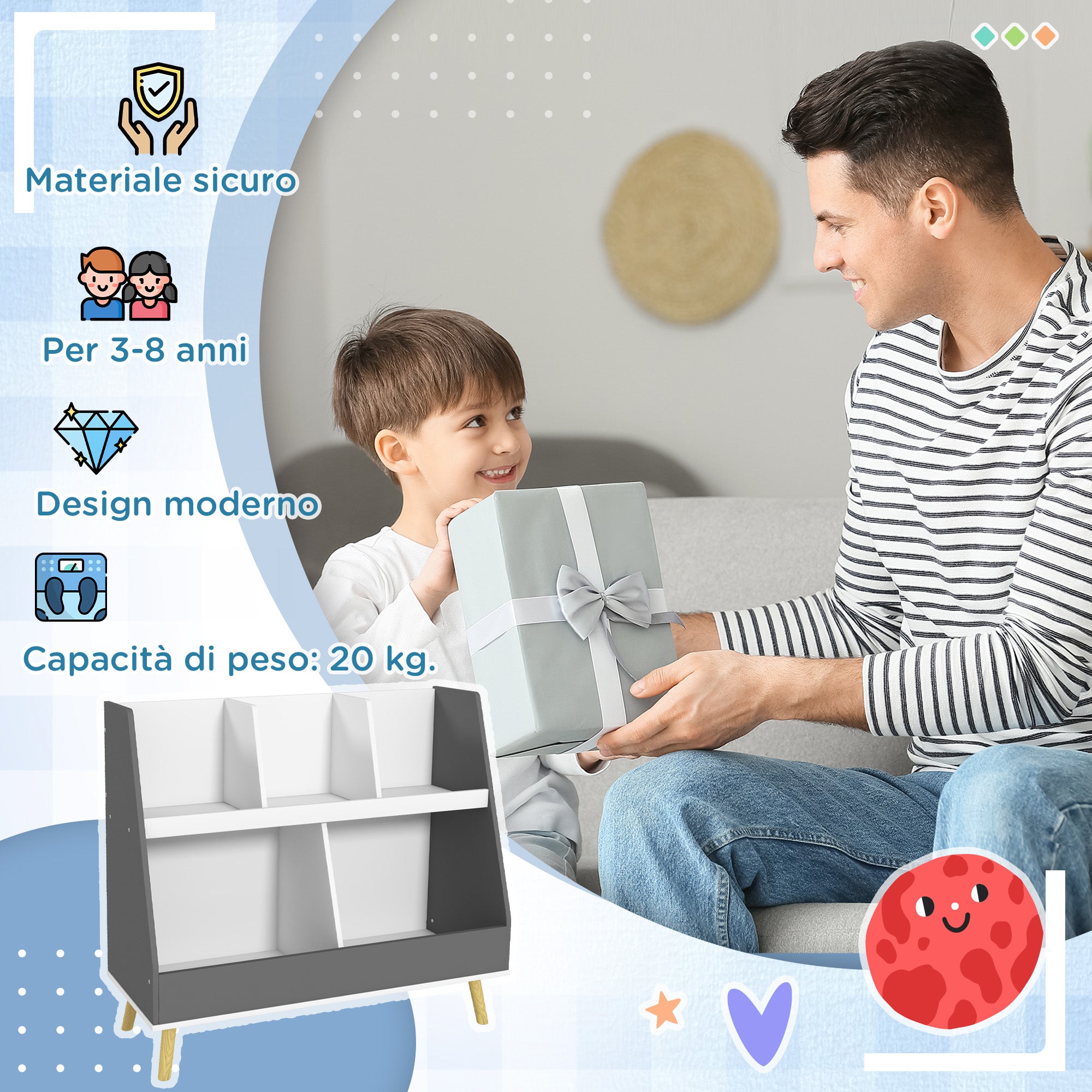 2-Tier Children's Bookcase, Toy Storage Trolley with 5 Compartments and Anti-Tipping Device, 80x34x72.5cm, Grey