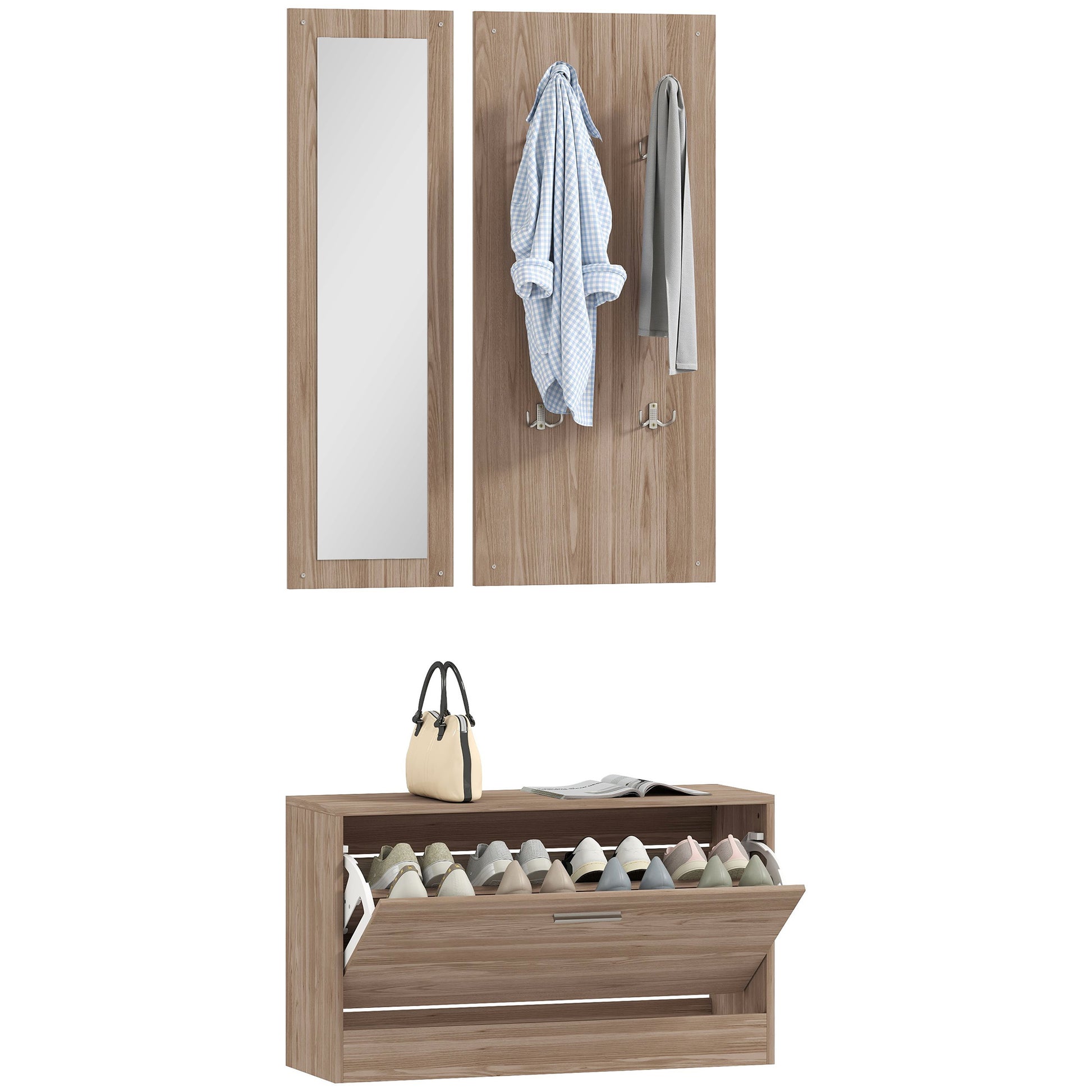 3-Piece Entryway Furniture Set with Bench Shoe Rack, Wall Coat Rack, and Mirror, Wardrobe for Bedroom and Hallway in Wood, 80x27x46.5 cm, Dark Brown