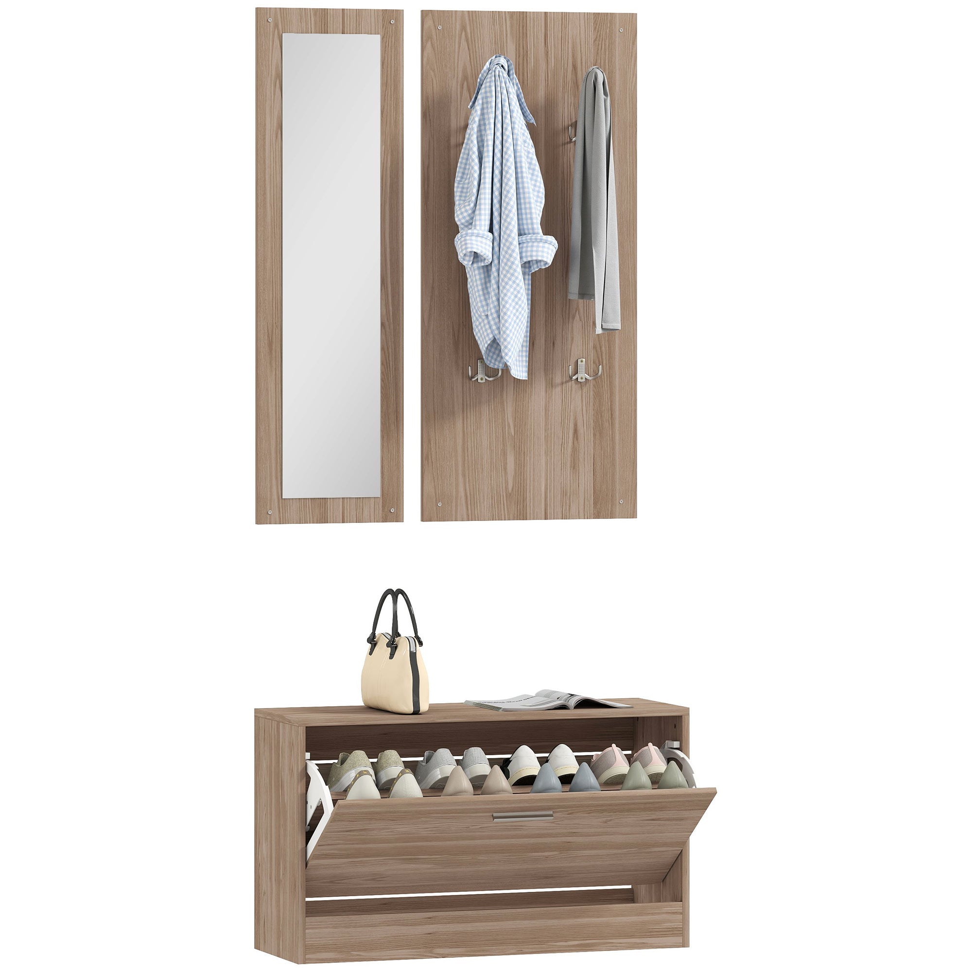 3-Piece Entryway Furniture Set with Bench Shoe Rack, Wall Coat Rack, and Mirror, Wardrobe for Bedroom and Hallway in Wood, 80x27x46.5 cm, Dark Brown