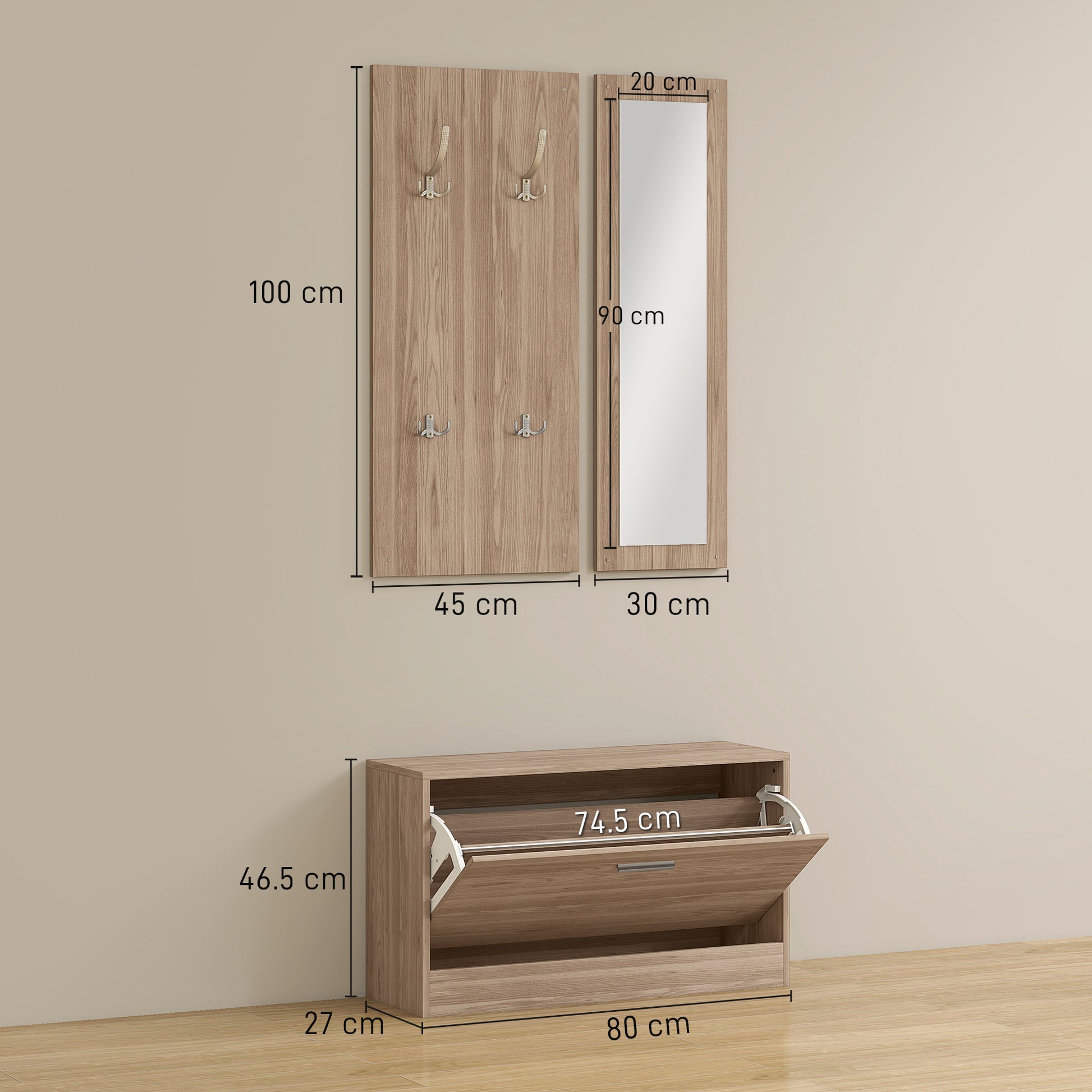3-Piece Entryway Furniture Set with Bench Shoe Rack, Wall Coat Rack, and Mirror, Wardrobe for Bedroom and Hallway in Wood, 80x27x46.5 cm, Dark Brown