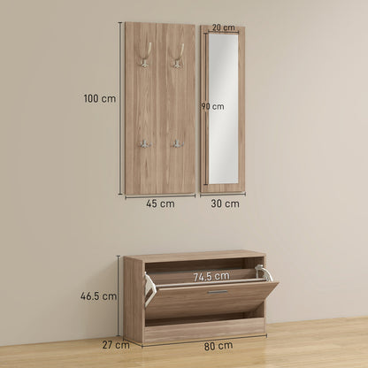 3-Piece Entryway Furniture Set with Bench Shoe Rack, Wall Coat Rack, and Mirror, Wardrobe for Bedroom and Hallway in Wood, 80x27x46.5 cm, Dark Brown