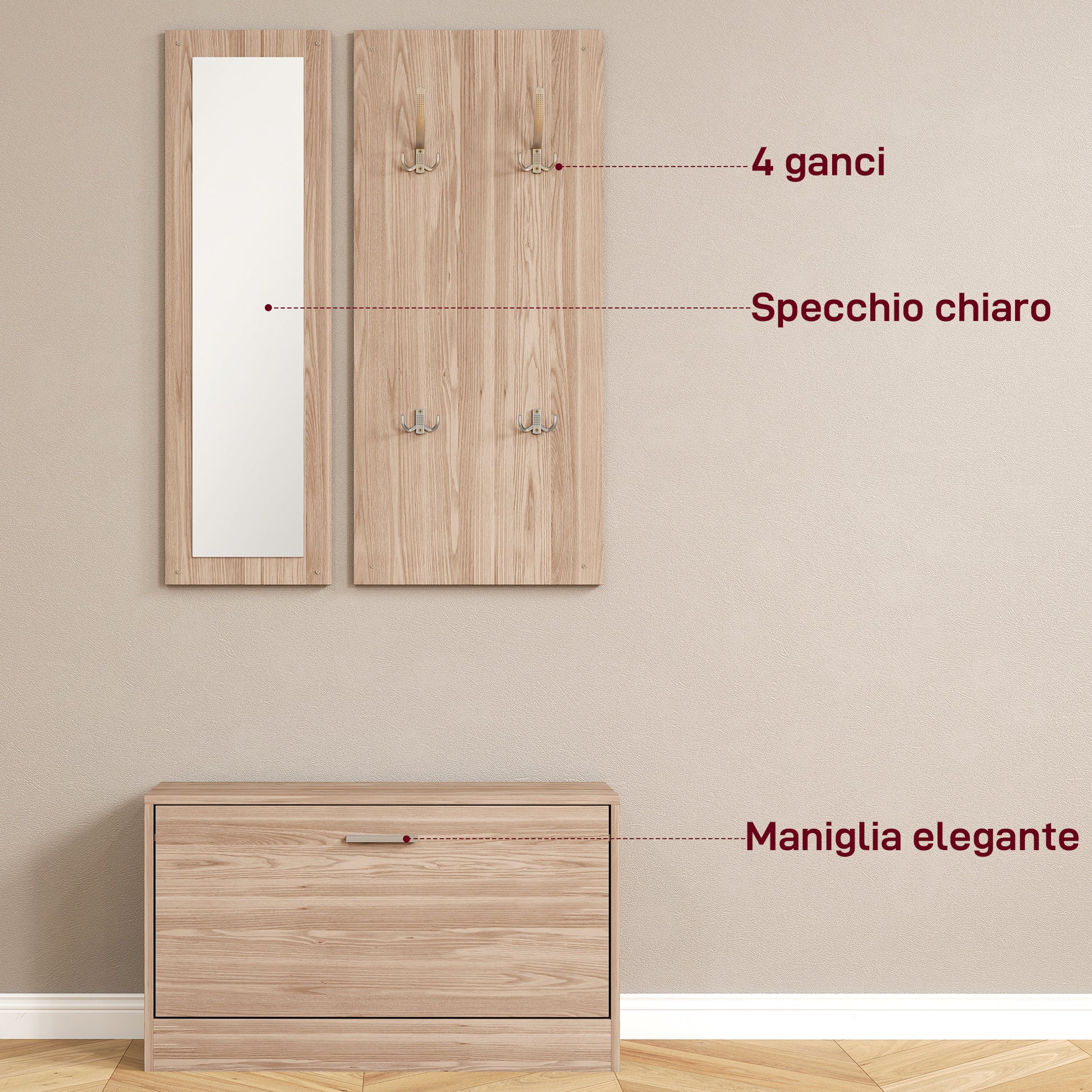 3-Piece Entryway Furniture Set with Bench Shoe Rack, Wall Coat Rack, and Mirror, Wardrobe for Bedroom and Hallway in Wood, 80x27x46.5 cm, Dark Brown