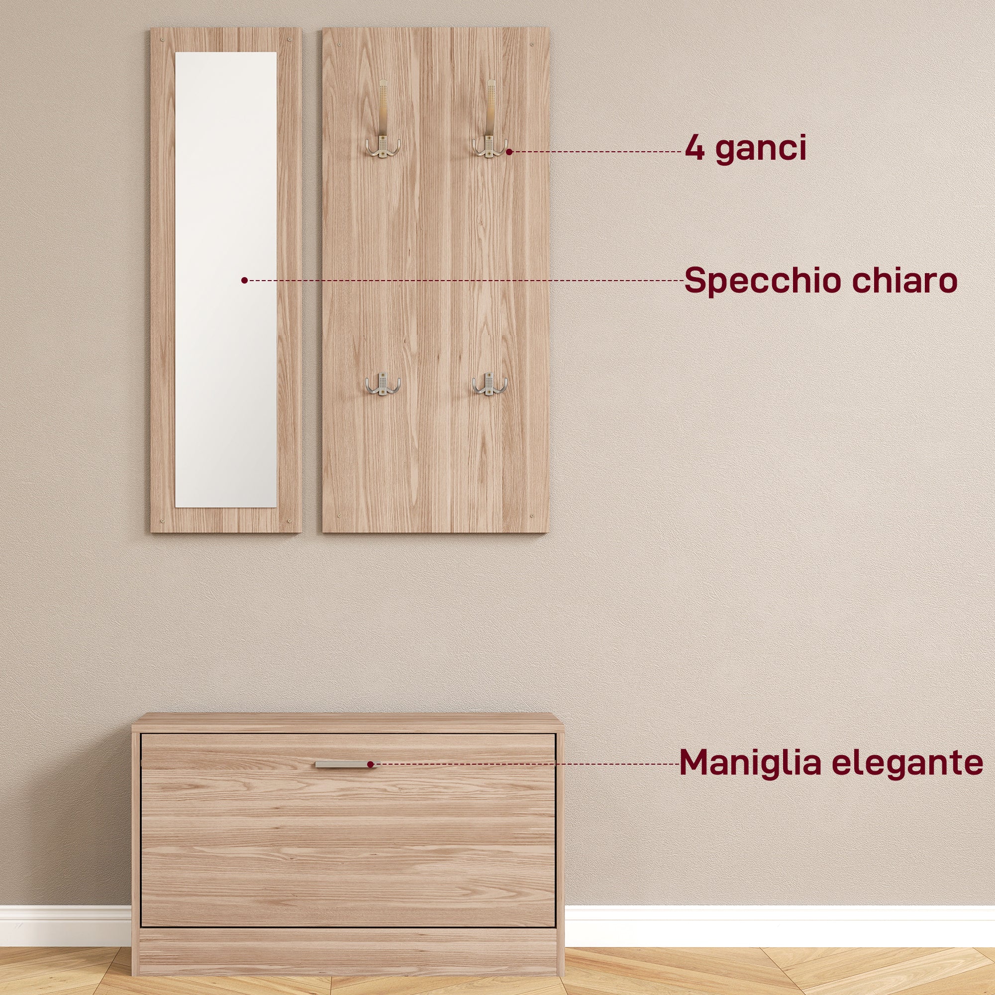 3-Piece Entryway Furniture Set with Bench Shoe Rack, Wall Coat Rack, and Mirror, Wardrobe for Bedroom and Hallway in Wood, 80x27x46.5 cm, Dark Brown