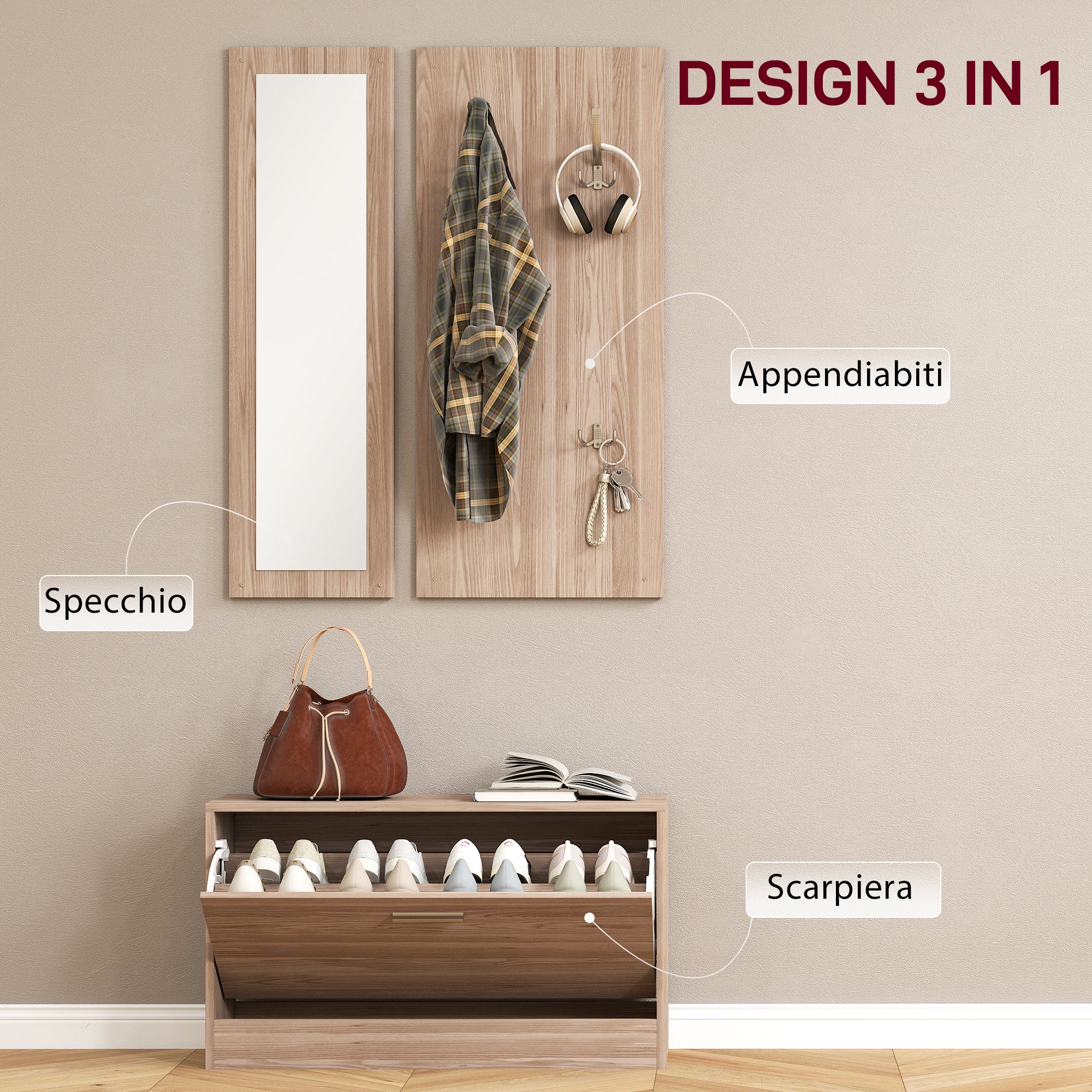 3-Piece Entryway Furniture Set with Bench Shoe Rack, Wall Coat Rack, and Mirror, Wardrobe for Bedroom and Hallway in Wood, 80x27x46.5 cm, Dark Brown