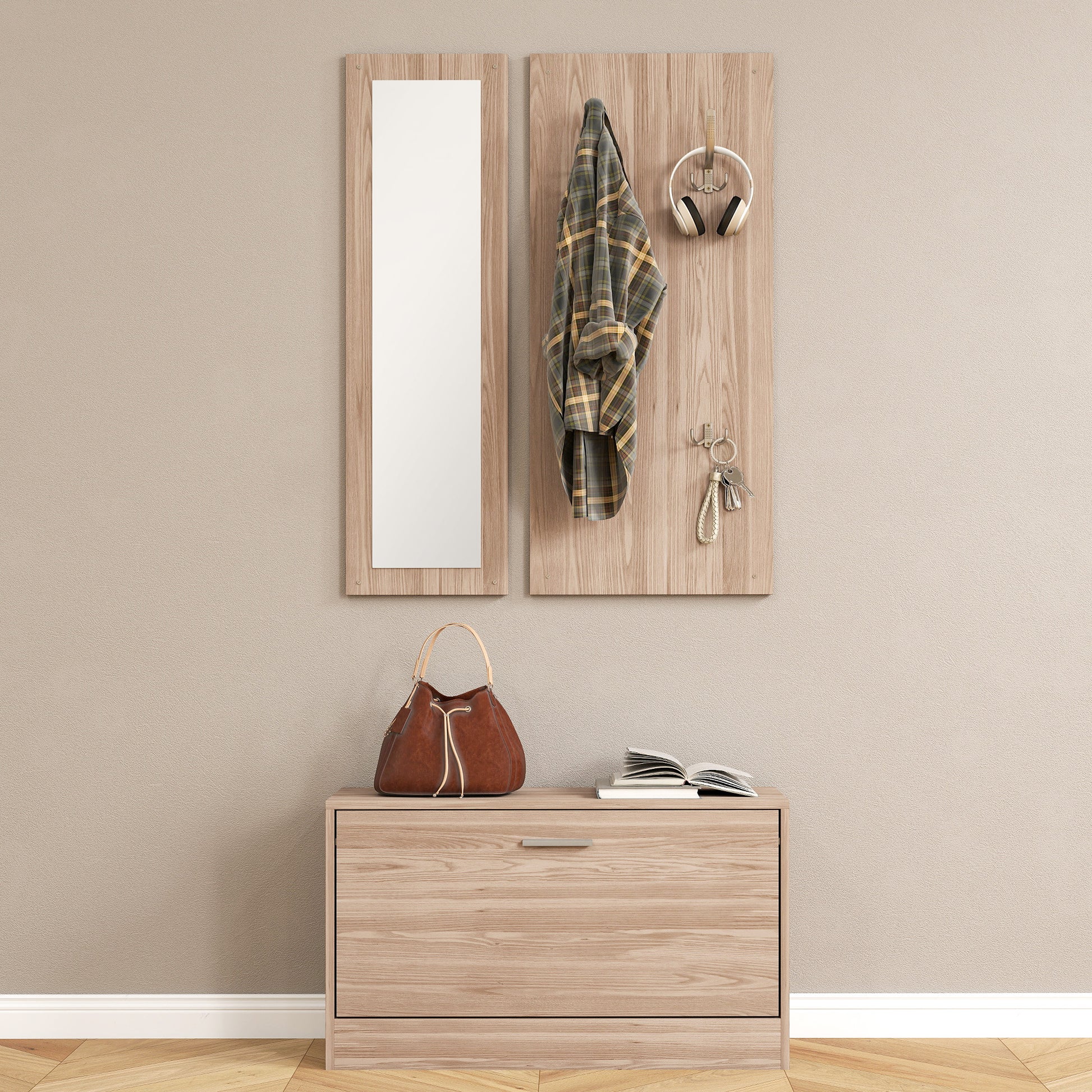 3-Piece Entryway Furniture Set with Bench Shoe Rack, Wall Coat Rack, and Mirror, Wardrobe for Bedroom and Hallway in Wood, 80x27x46.5 cm, Dark Brown
