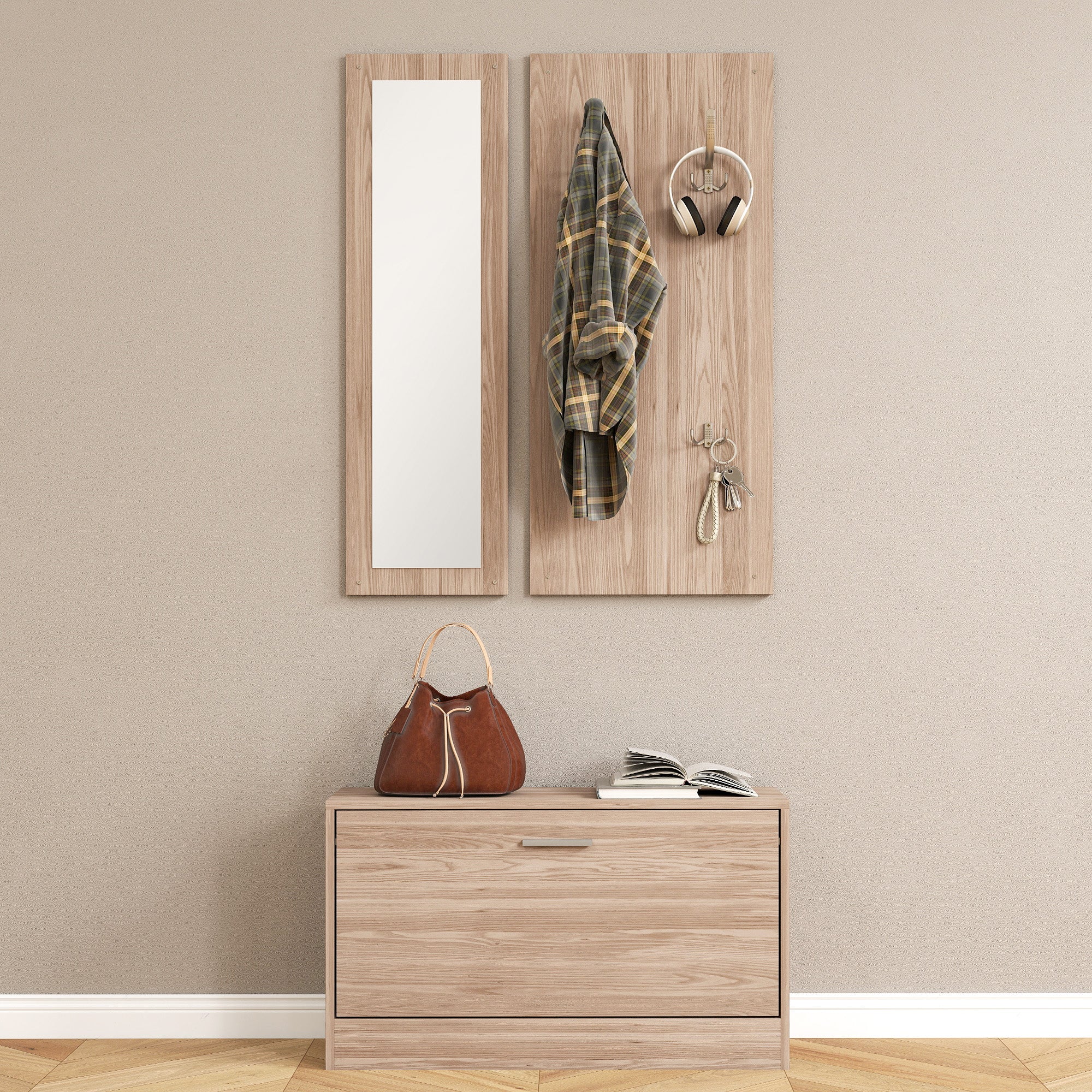 3-Piece Entryway Furniture Set with Bench Shoe Rack, Wall Coat Rack, and Mirror, Wardrobe for Bedroom and Hallway in Wood, 80x27x46.5 cm, Dark Brown