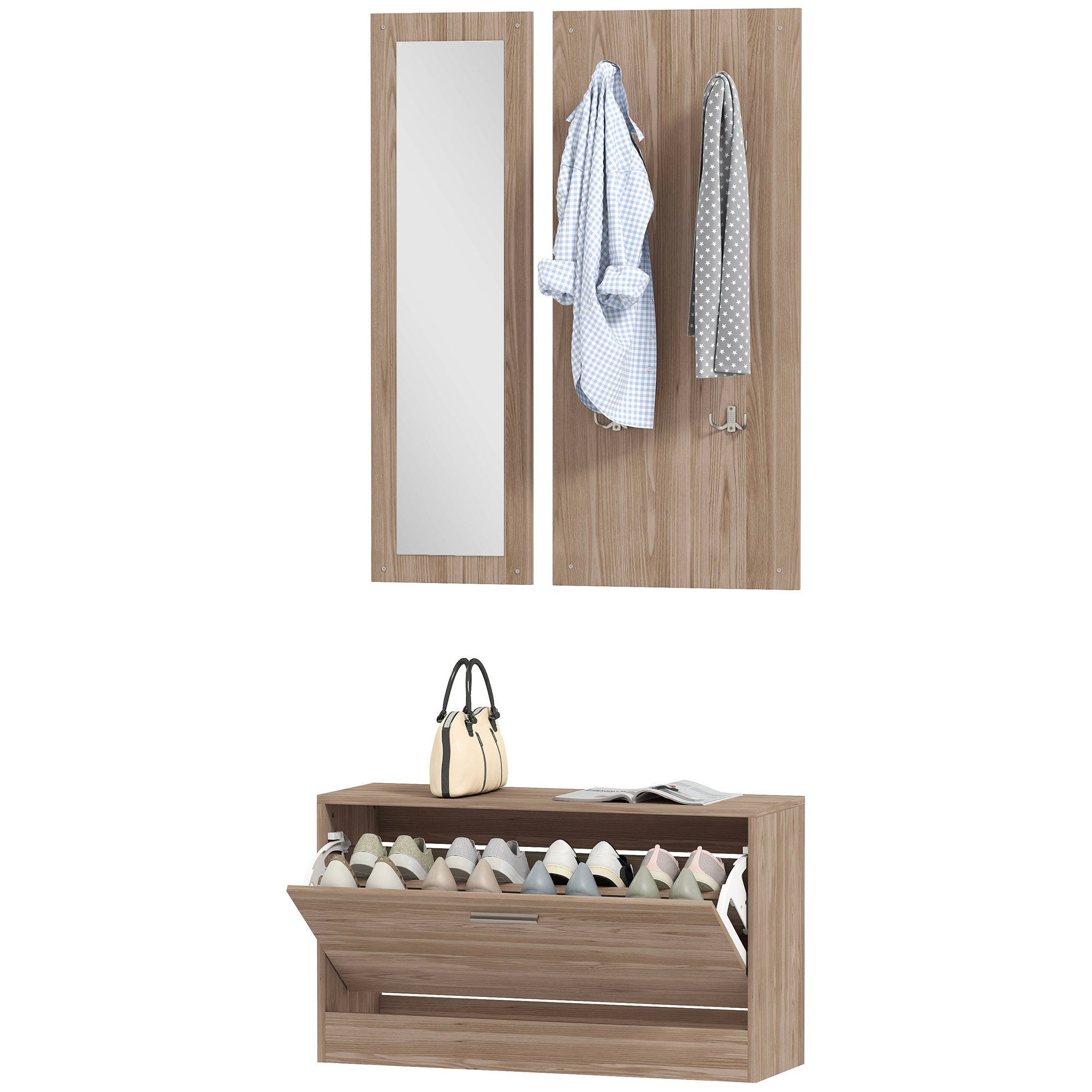 3-Piece Entryway Furniture Set with Bench Shoe Rack, Wall Coat Rack, and Mirror, Wardrobe for Bedroom and Hallway in Wood, 80x27x46.5 cm, Dark Brown