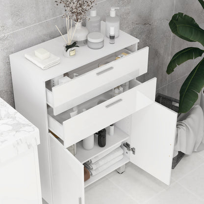 Bathroom Cabinet Side Cabinet with 2 High Gloss White Drawers, Door, Bathroom Cabinet with Adjustable Shelf, Storage Cabinet for Living Room 60 x 30 x 93 cm