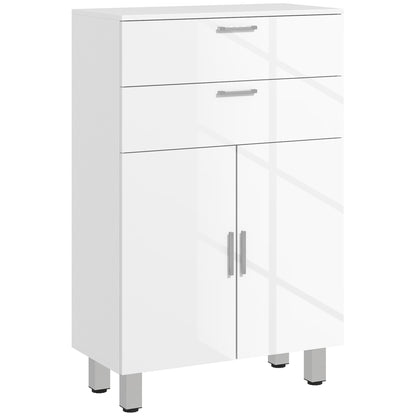 Bathroom Cabinet Side Cabinet with 2 High Gloss White Drawers, Door, Bathroom Cabinet with Adjustable Shelf, Storage Cabinet for Living Room 60 x 30 x 93 cm