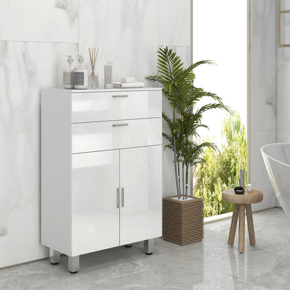 Bathroom Cabinet Side Cabinet with 2 High Gloss White Drawers, Door, Bathroom Cabinet with Adjustable Shelf, Storage Cabinet for Living Room 60 x 30 x 93 cm