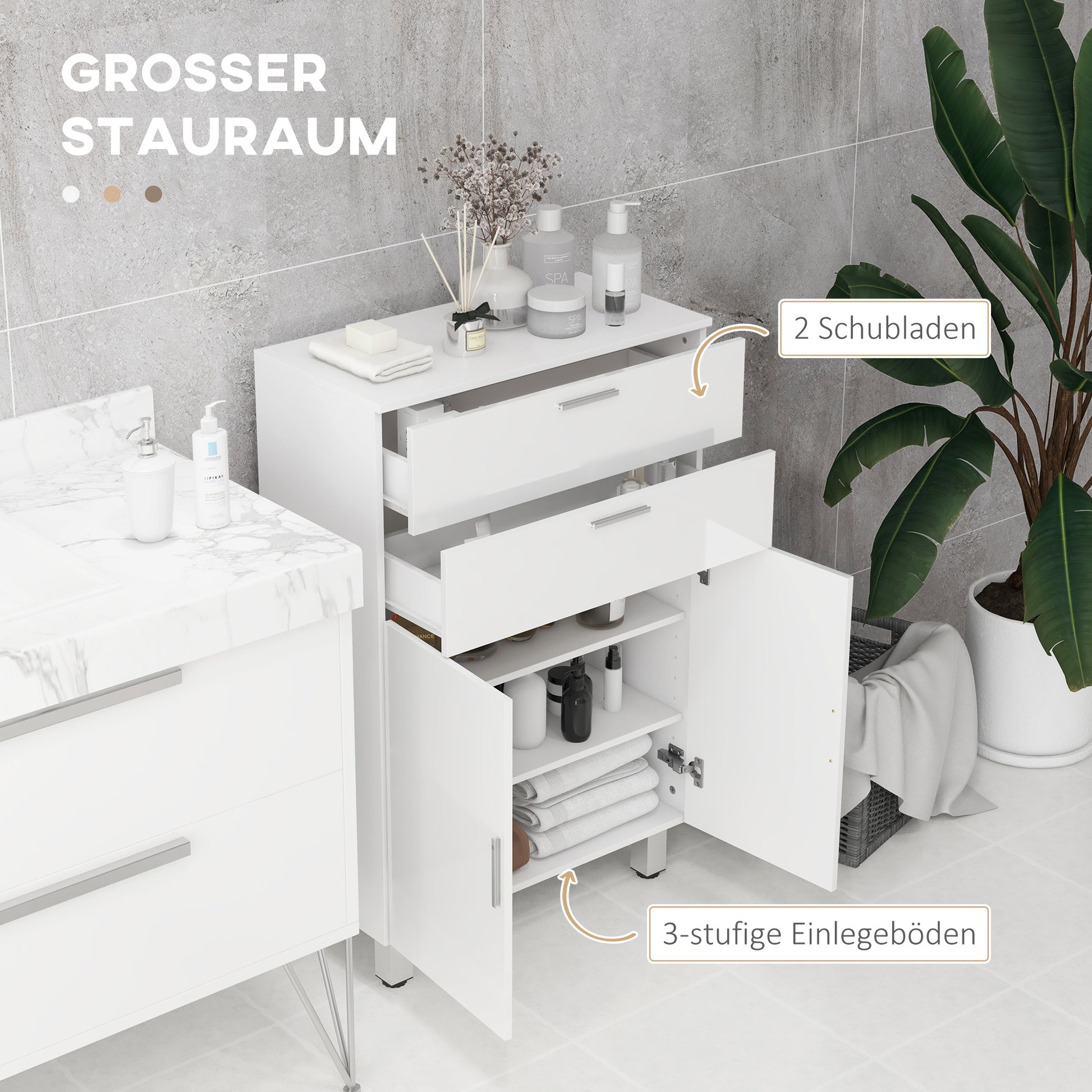 Bathroom Cabinet Side Cabinet with 2 High Gloss White Drawers, Door, Bathroom Cabinet with Adjustable Shelf, Storage Cabinet for Living Room 60 x 30 x 93 cm