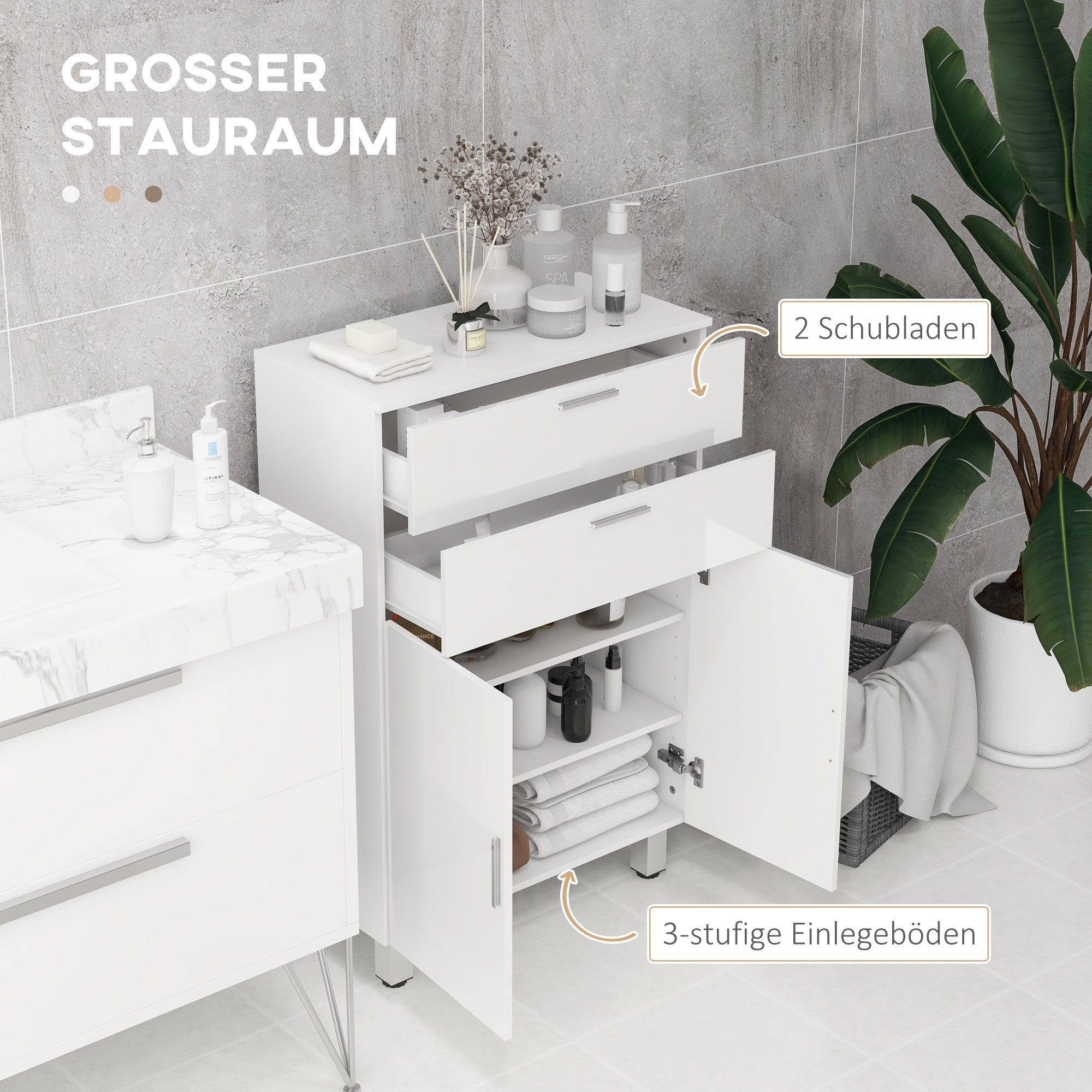 Bathroom Cabinet Side Cabinet with 2 High Gloss White Drawers, Door, Bathroom Cabinet with Adjustable Shelf, Storage Cabinet for Living Room 60 x 30 x 93 cm