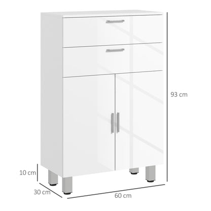 Bathroom Cabinet Side Cabinet with 2 High Gloss White Drawers, Door, Bathroom Cabinet with Adjustable Shelf, Storage Cabinet for Living Room 60 x 30 x 93 cm