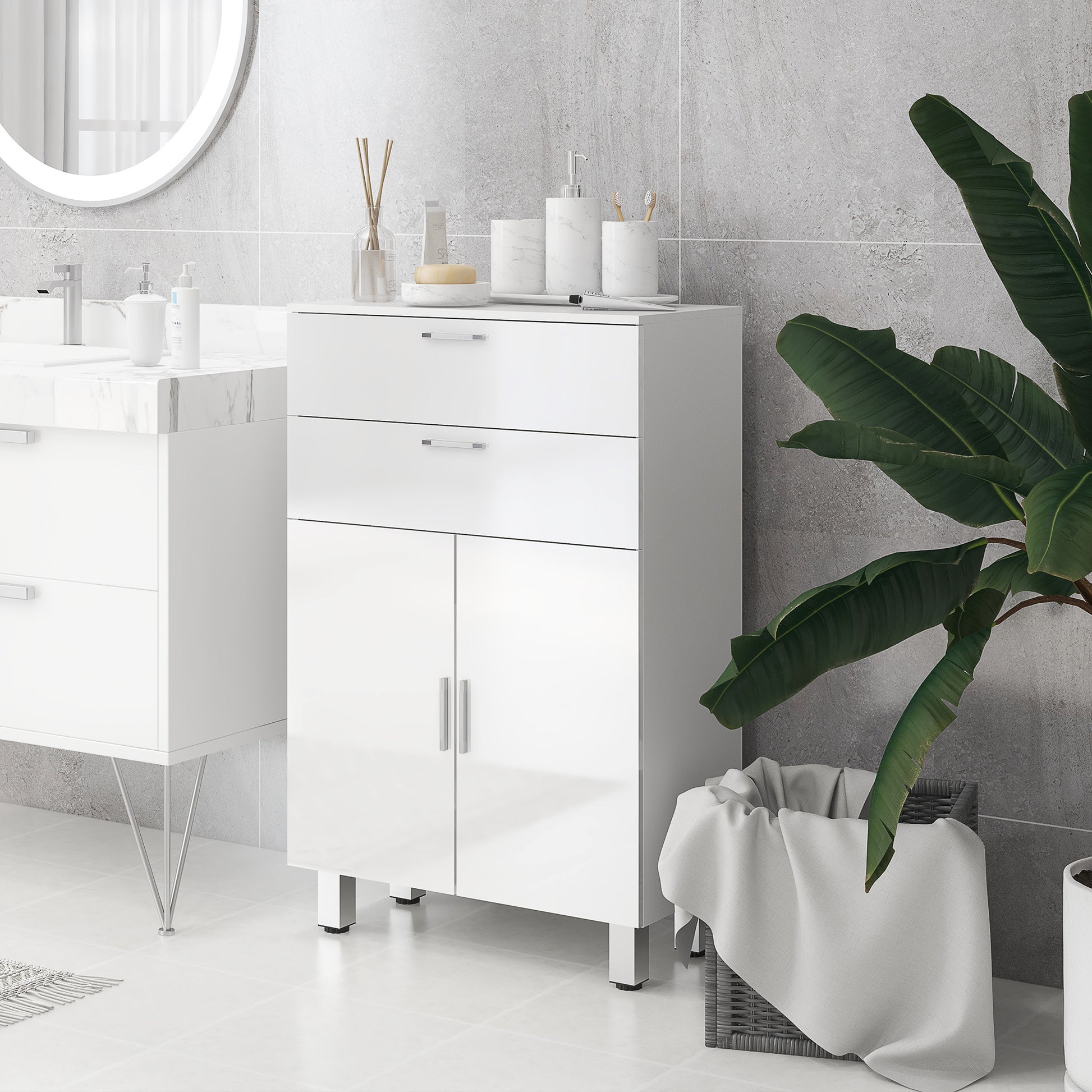 Bathroom Cabinet Side Cabinet with 2 High Gloss White Drawers, Door, Bathroom Cabinet with Adjustable Shelf, Storage Cabinet for Living Room 60 x 30 x 93 cm