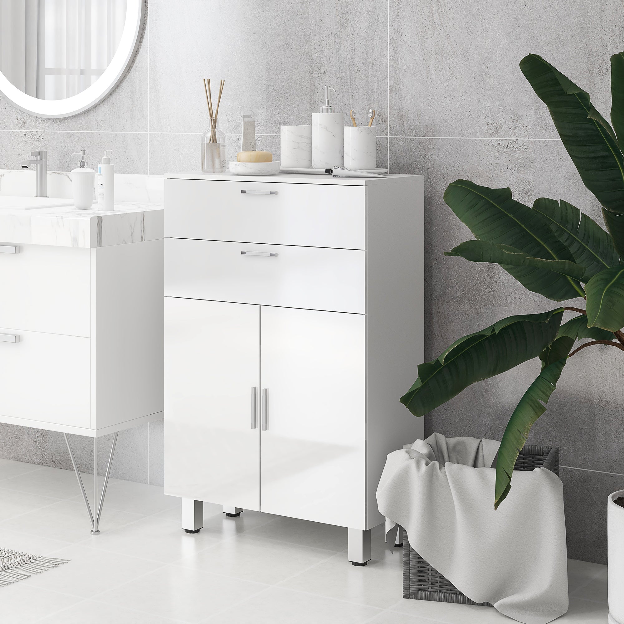 Bathroom Cabinet Side Cabinet with 2 High Gloss White Drawers, Door, Bathroom Cabinet with Adjustable Shelf, Storage Cabinet for Living Room 60 x 30 x 93 cm