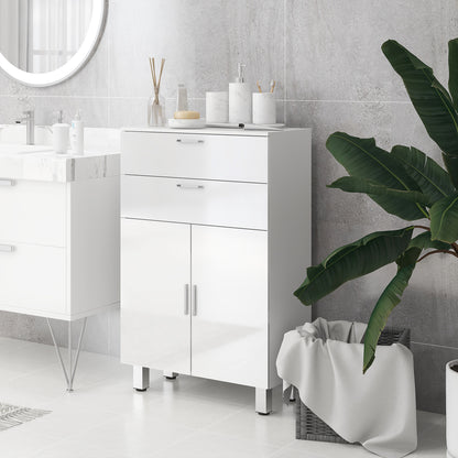 Bathroom Cabinet Side Cabinet with 2 High Gloss White Drawers, Door, Bathroom Cabinet with Adjustable Shelf, Storage Cabinet for Living Room 60 x 30 x 93 cm