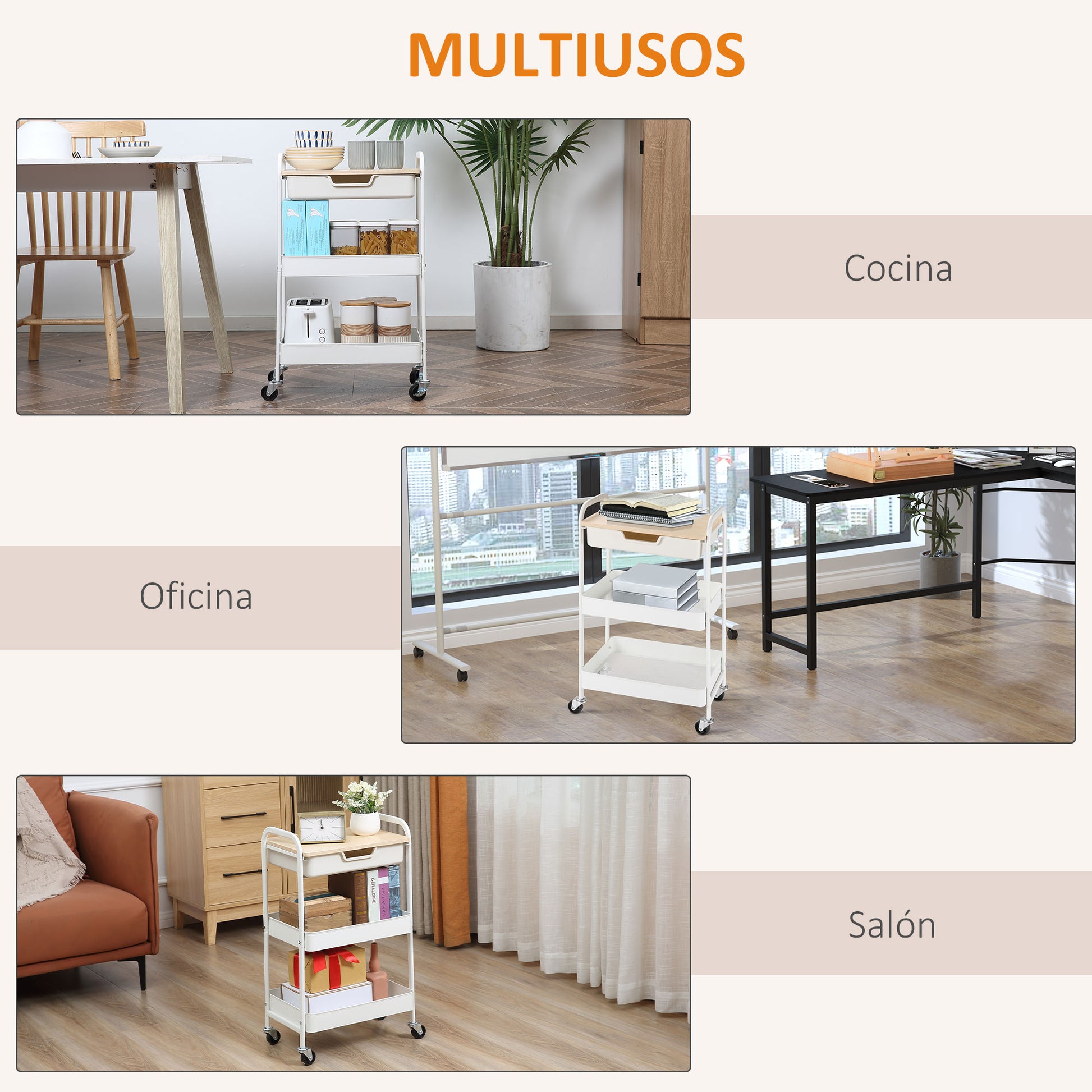 Kitchen Cart with Wheels Storage Cart with Removable Drawer 2 Baskets and Brakes for Bathroom Living Room Bedroom 43.9x30.5x75.6 cm White