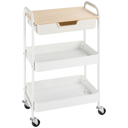 Kitchen Cart with Wheels Storage Cart with Removable Drawer 2 Baskets and Brakes for Bathroom Living Room Bedroom 43.9x30.5x75.6 cm White