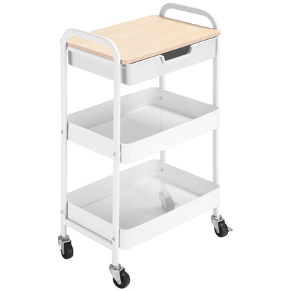 Kitchen Cart with Wheels Storage Cart with Removable Drawer 2 Baskets and Brakes for Bathroom Living Room Bedroom 43.9x30.5x75.6 cm White