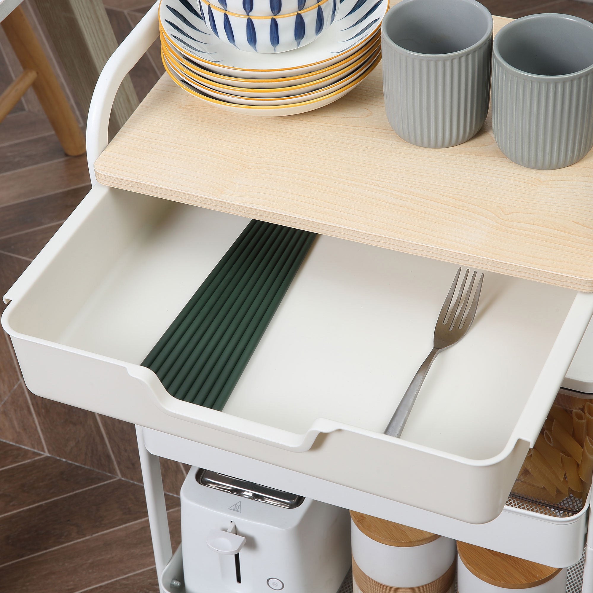 Kitchen Cart with Wheels Storage Cart with Removable Drawer 2 Baskets and Brakes for Bathroom Living Room Bedroom 43.9x30.5x75.6 cm White