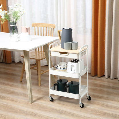 Kitchen Cart with Wheels Storage Cart with Removable Drawer 2 Baskets and Brakes for Bathroom Living Room Bedroom 43.9x30.5x75.6 cm White