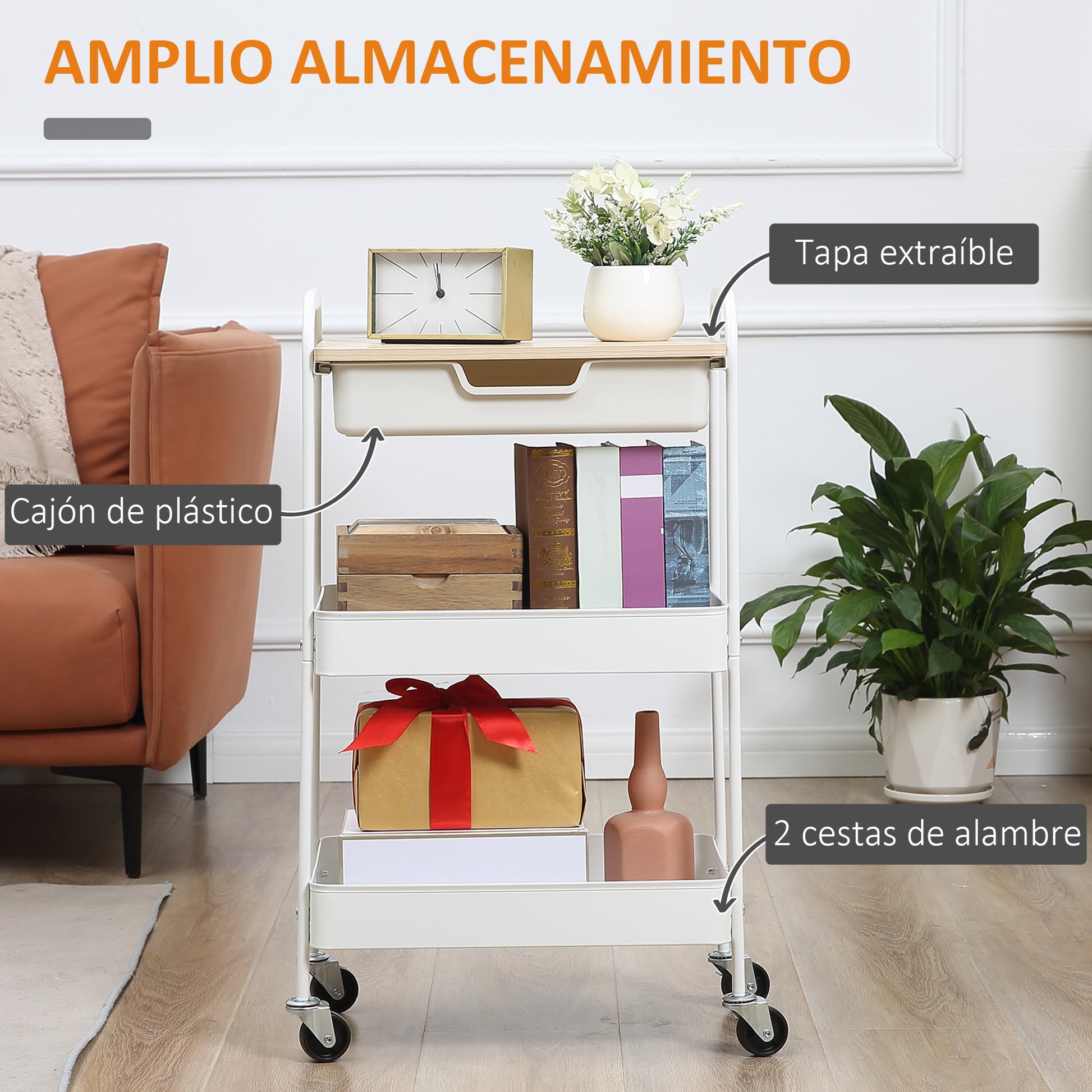 Kitchen Cart with Wheels Storage Cart with Removable Drawer 2 Baskets and Brakes for Bathroom Living Room Bedroom 43.9x30.5x75.6 cm White