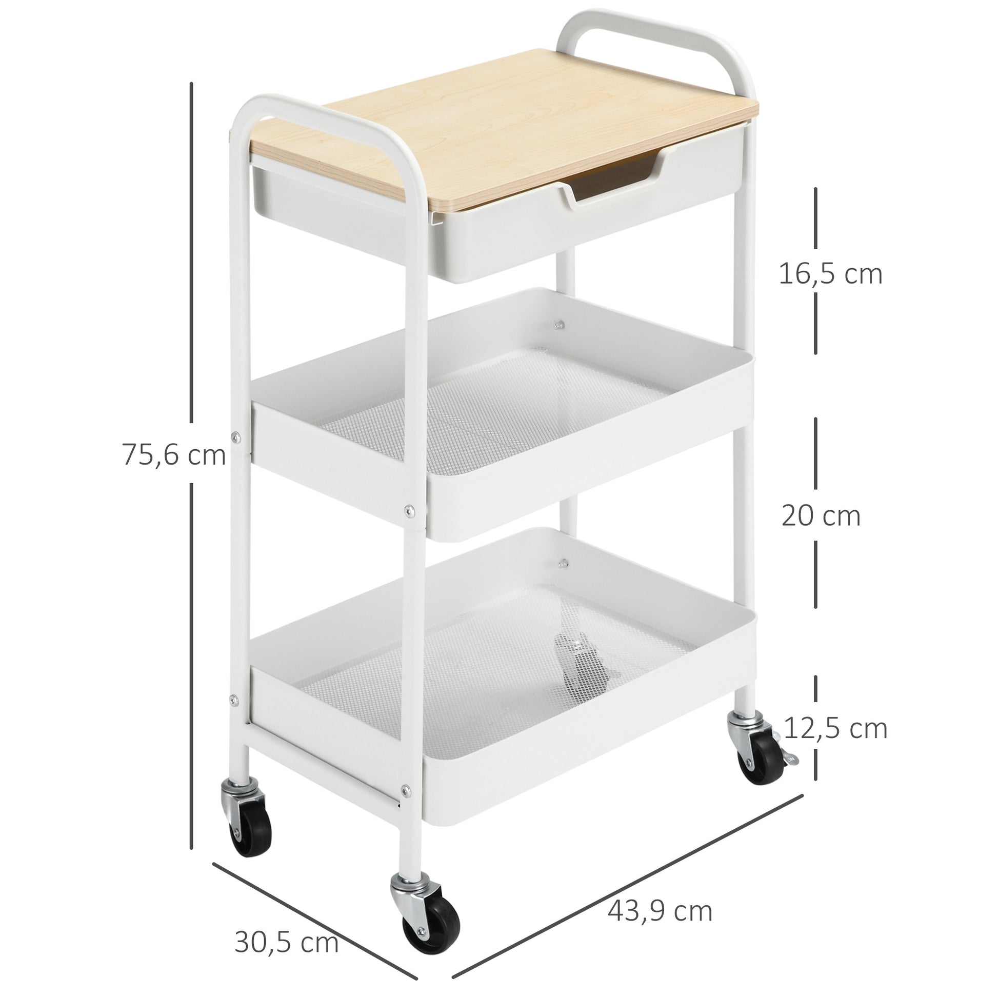 Kitchen Cart with Wheels Storage Cart with Removable Drawer 2 Baskets and Brakes for Bathroom Living Room Bedroom 43.9x30.5x75.6 cm White