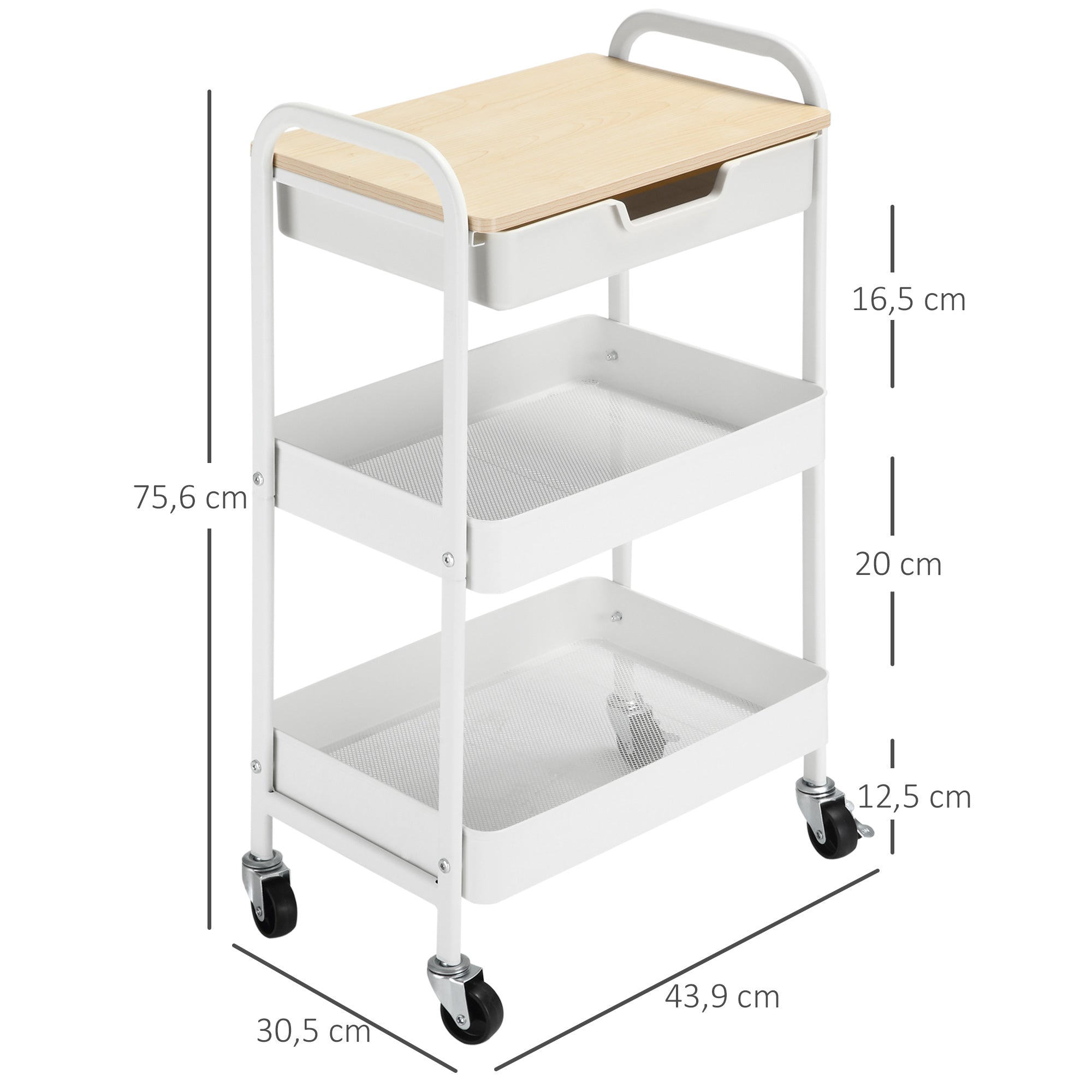 Kitchen Cart with Wheels Storage Cart with Removable Drawer 2 Baskets and Brakes for Bathroom Living Room Bedroom 43.9x30.5x75.6 cm White