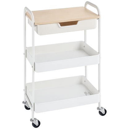 Kitchen Cart with Wheels Storage Cart with Removable Drawer 2 Baskets and Brakes for Bathroom Living Room Bedroom 43.9x30.5x75.6 cm White