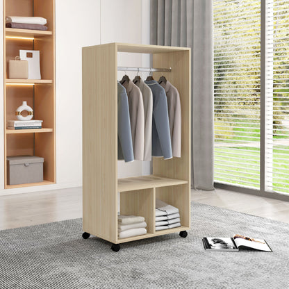 Wardrobe with Wheels Open Design Wardrobe with Hanging Rail Shelves Organizer for Bedroom Clothes 60x40x128 cm Natural Wood