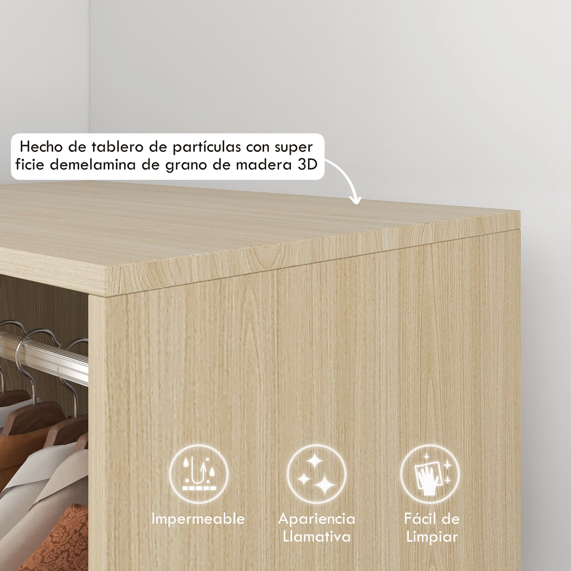 Wardrobe with Wheels Open Design Wardrobe with Hanging Rail Shelves Organizer for Bedroom Clothes 60x40x128 cm Natural Wood