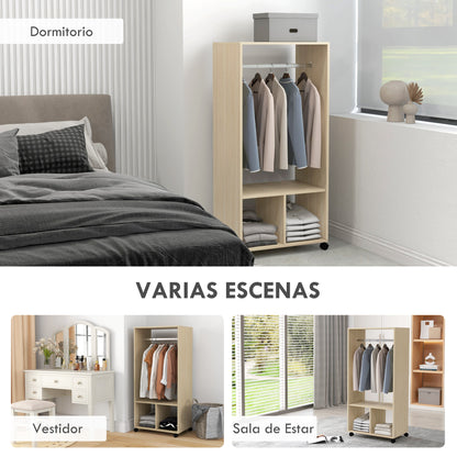 Wardrobe with Wheels Open Design Wardrobe with Hanging Rail Shelves Organizer for Bedroom Clothes 60x40x128 cm Natural Wood