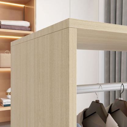 Wardrobe with Wheels Open Design Wardrobe with Hanging Rail Shelves Organizer for Bedroom Clothes 60x40x128 cm Natural Wood