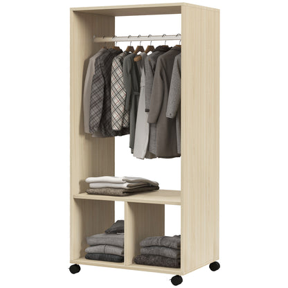 Wardrobe with Wheels Open Design Wardrobe with Hanging Rail Shelves Organizer for Bedroom Clothes 60x40x128 cm Natural Wood