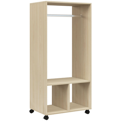 Wardrobe with Wheels Open Design Wardrobe with Hanging Rail Shelves Organizer for Bedroom Clothes 60x40x128 cm Natural Wood