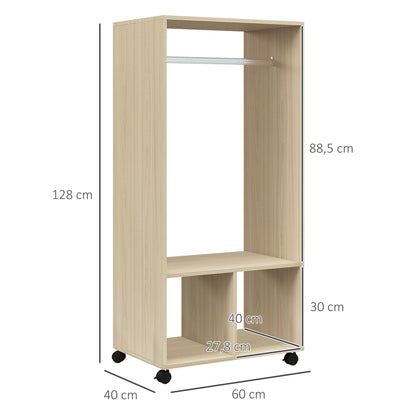 Wardrobe with Wheels Open Design Wardrobe with Hanging Rail Shelves Organizer for Bedroom Clothes 60x40x128 cm Natural Wood