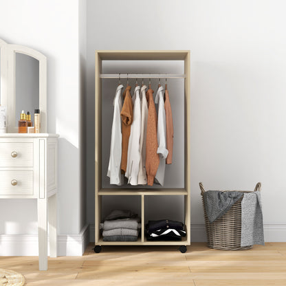 Wardrobe with Wheels Open Design Wardrobe with Hanging Rail Shelves Organizer for Bedroom Clothes 60x40x128 cm Natural Wood
