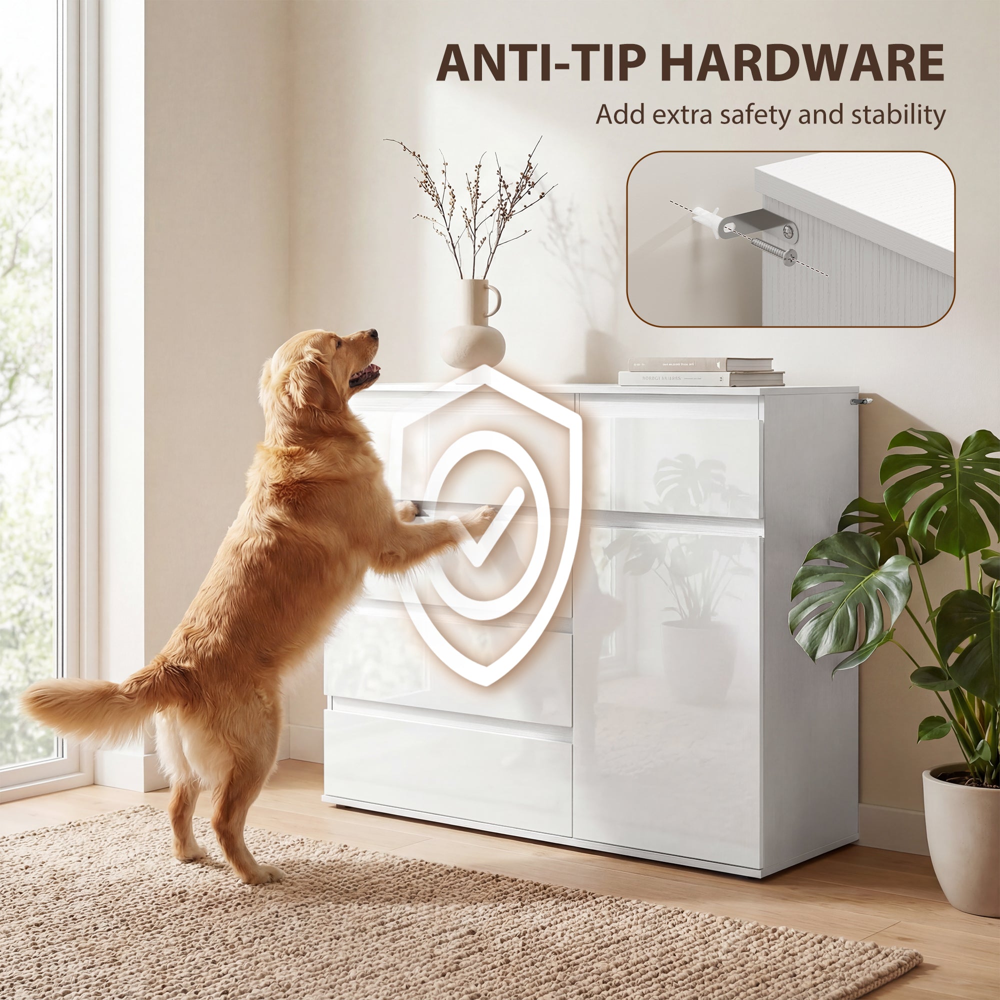 Sideboard with 5 Drawers, Adjustable Shelves, Soft-Close Door, High-Gloss White — 39.4 x 15.7 x 31.5 in