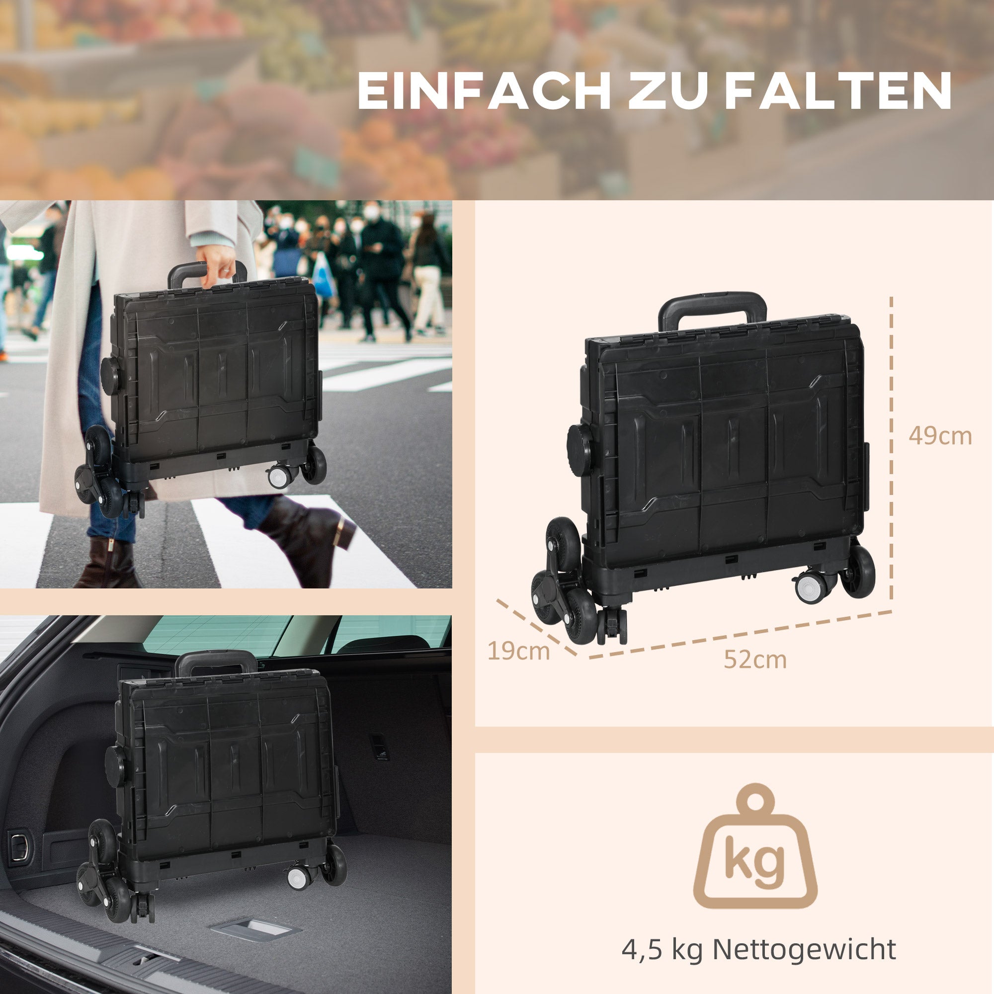 Folding Shopping Trolley, Shopping Cart with Adjustable Telescopic Handle, Stair Climber with Lid, Transport Cart up to 80 kg Capacity, Black