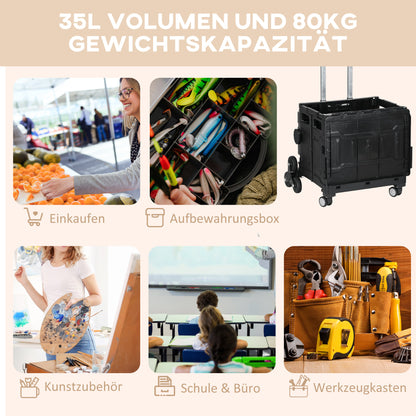 Folding Shopping Trolley, Shopping Cart with Adjustable Telescopic Handle, Stair Climber with Lid, Transport Cart up to 80 kg Capacity, Black